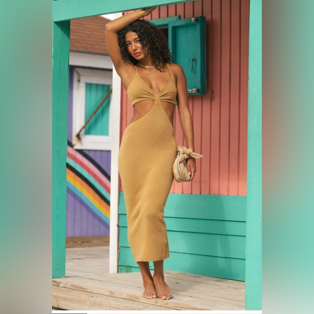 Cutout Knit Midi Dress in Mustard